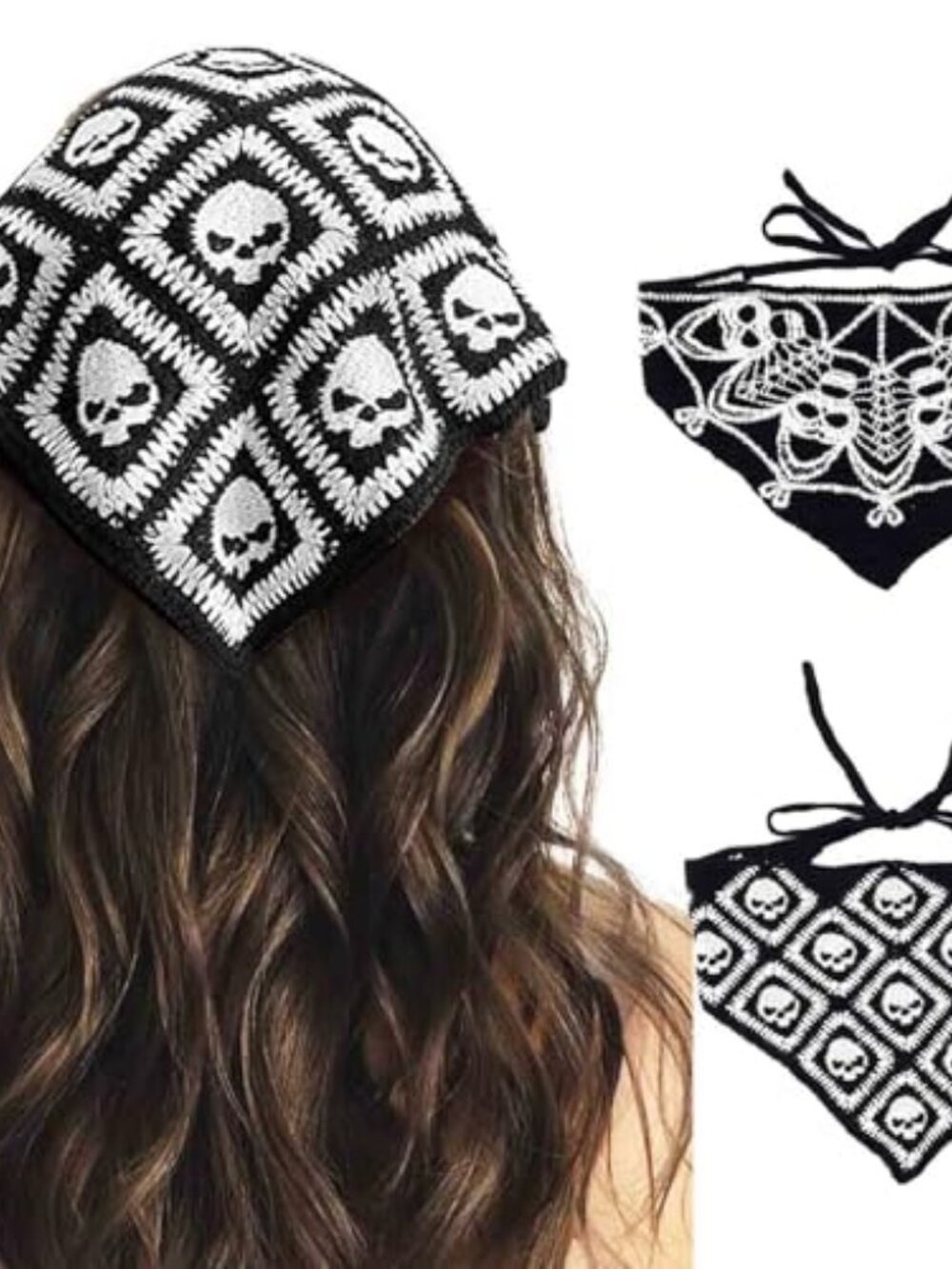 Black Skull Headbands Crochet Bandanas Headband Web Gothic Head Scarf Halloween
